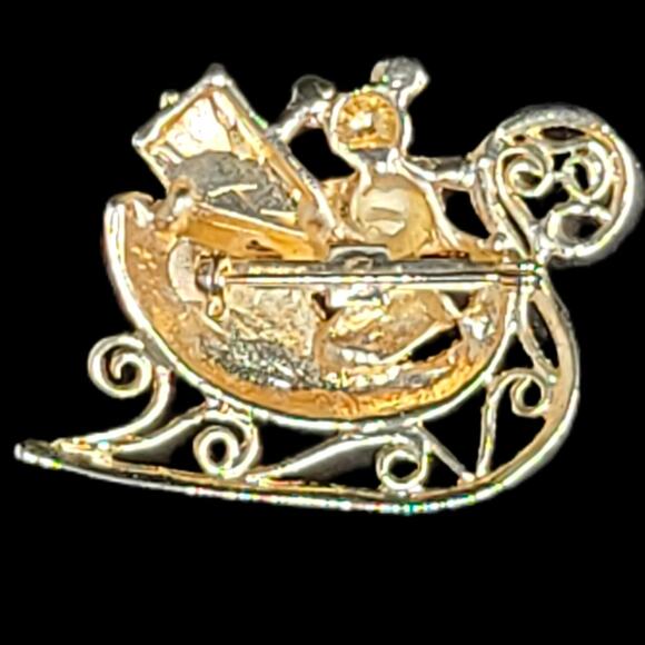 Gold Tone Christmas Santa Sleigh Teddy Bear Rhinestone Brooch Pin Holiday Vtg - Picture 5 of 5